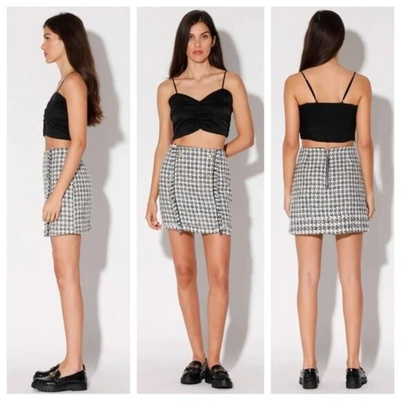 Walter Baker Cosmo Tweed Skirt 6 Black/ White Houndstooth Gold Buttons NWT - Picture 2 of 9